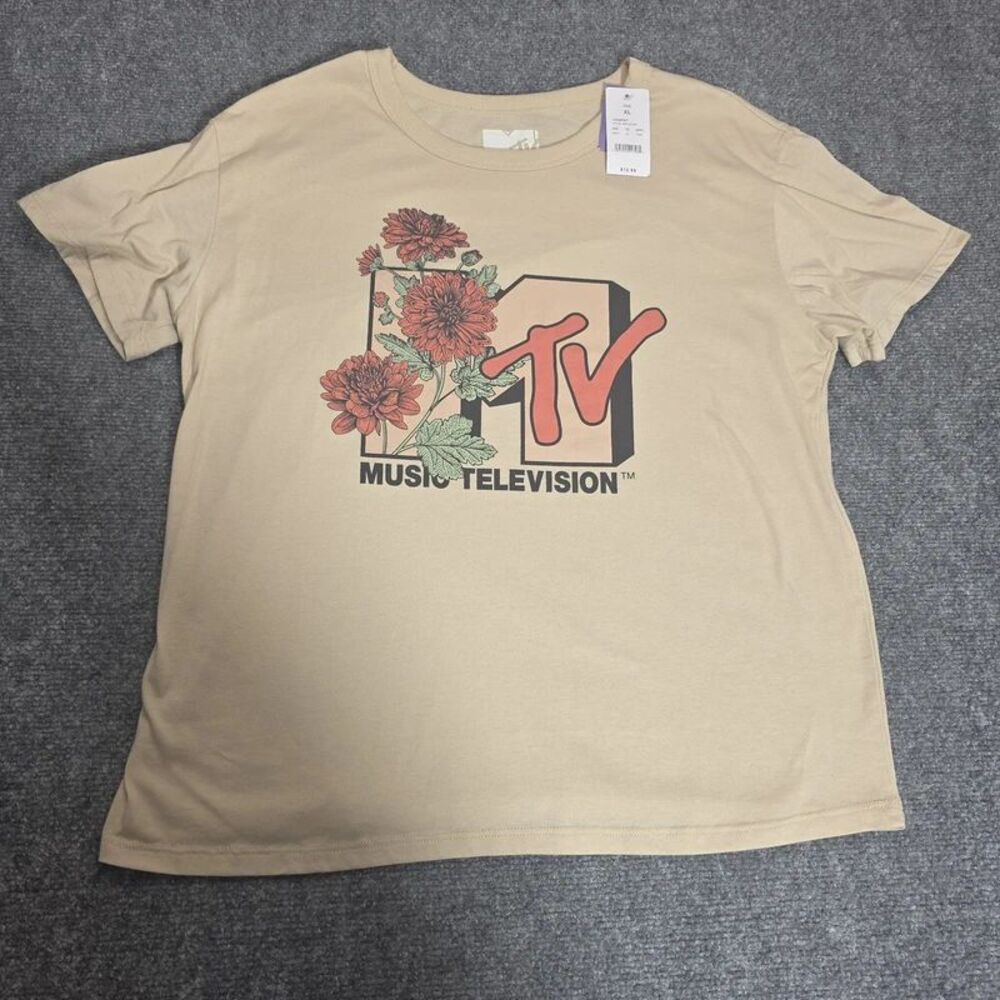 MTV Floral Logo Graphic T-Shirt Women’s XL Beige Cream Music Television Tee